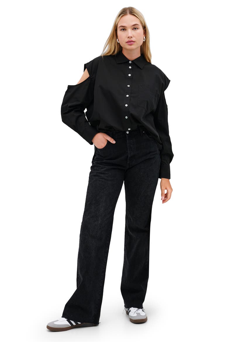 Downtown Cold Shoulder Button-Up Shirt, Alternate, color, BLACK