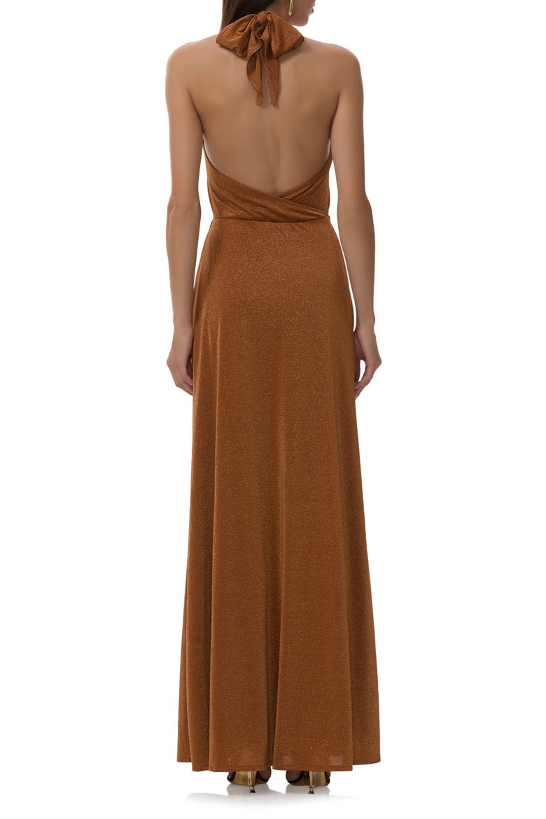 Kendrick Metallic Cutout Halter Jersey Gown, Alternate, color, BRONZE