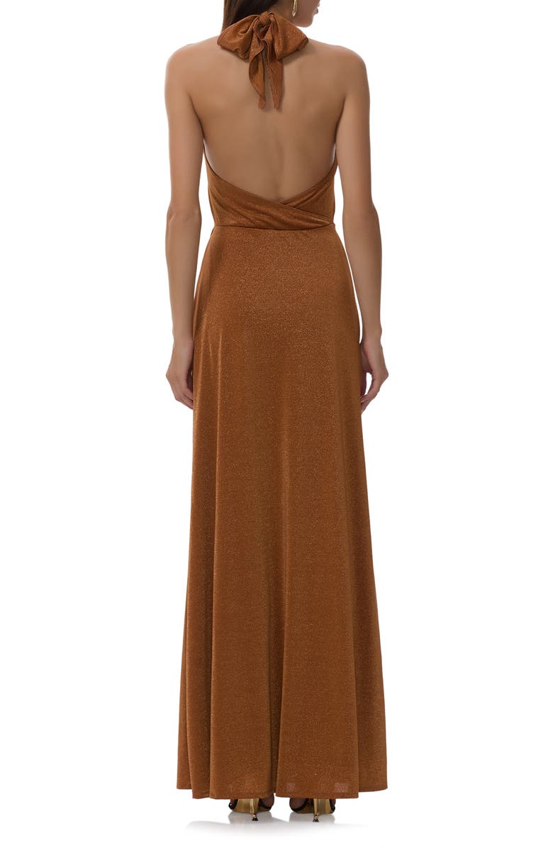 AFRM Kendrick Metallic Cutout Halter Jersey Gown, Alternate, color, Bronze
