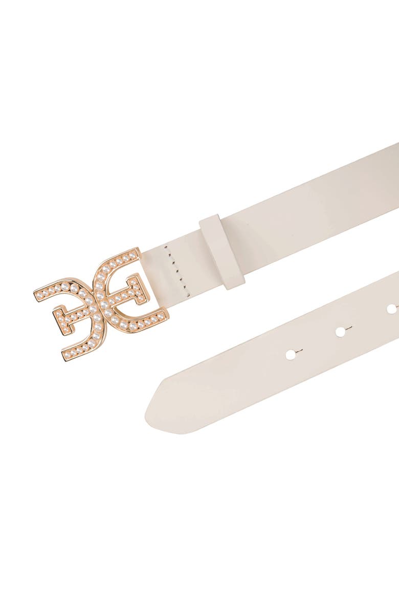 Sam Edelman Imitation Pearl Logo Plaque Belt, Alternate, color, Ivory