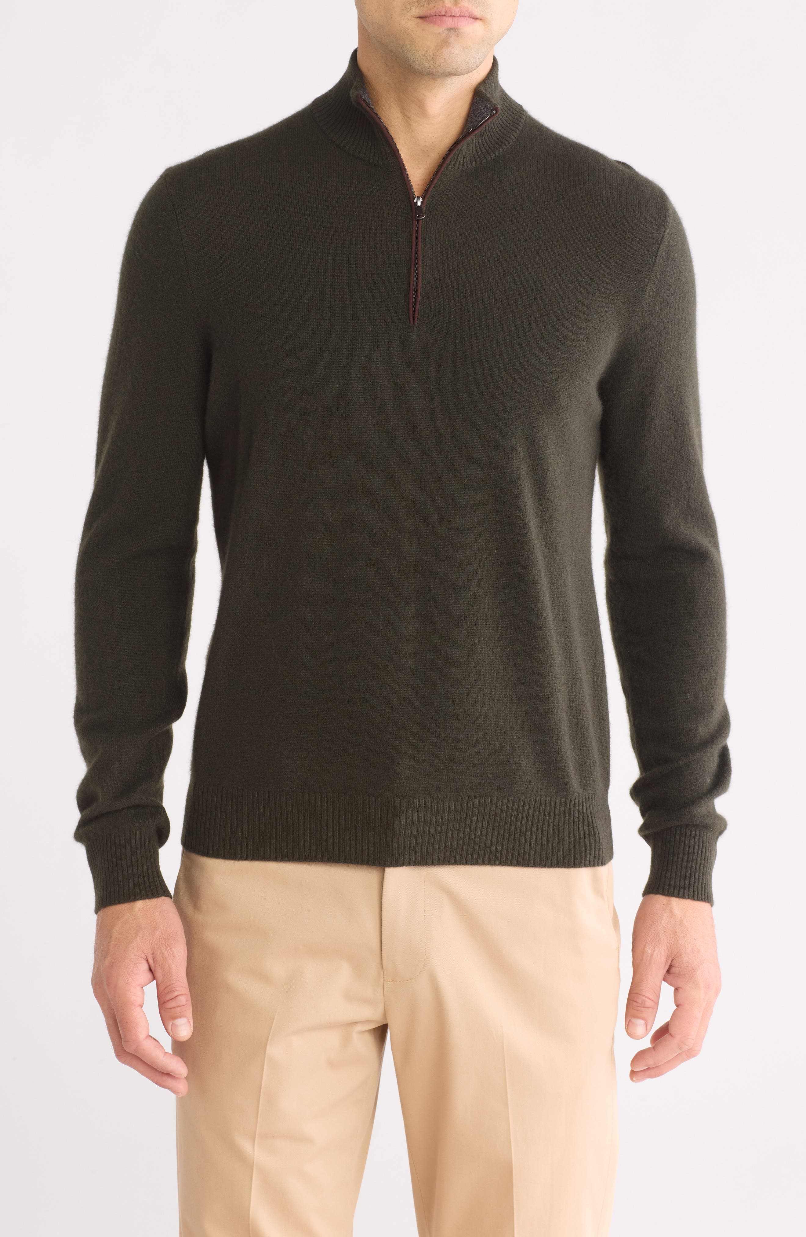Amicale Cashmere Quarter Zip Pullover w/ Piping