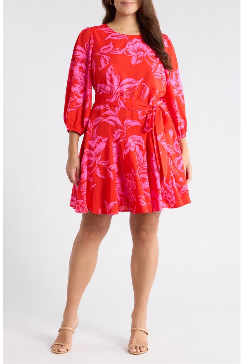 Darline Floral Collins Godet Minidress, Main, color, RED-PINK-COMBO