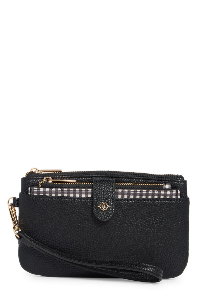 Faux Leather Wristlet with Card Case, Main, color, BLACK / GINGHAM BOWS
