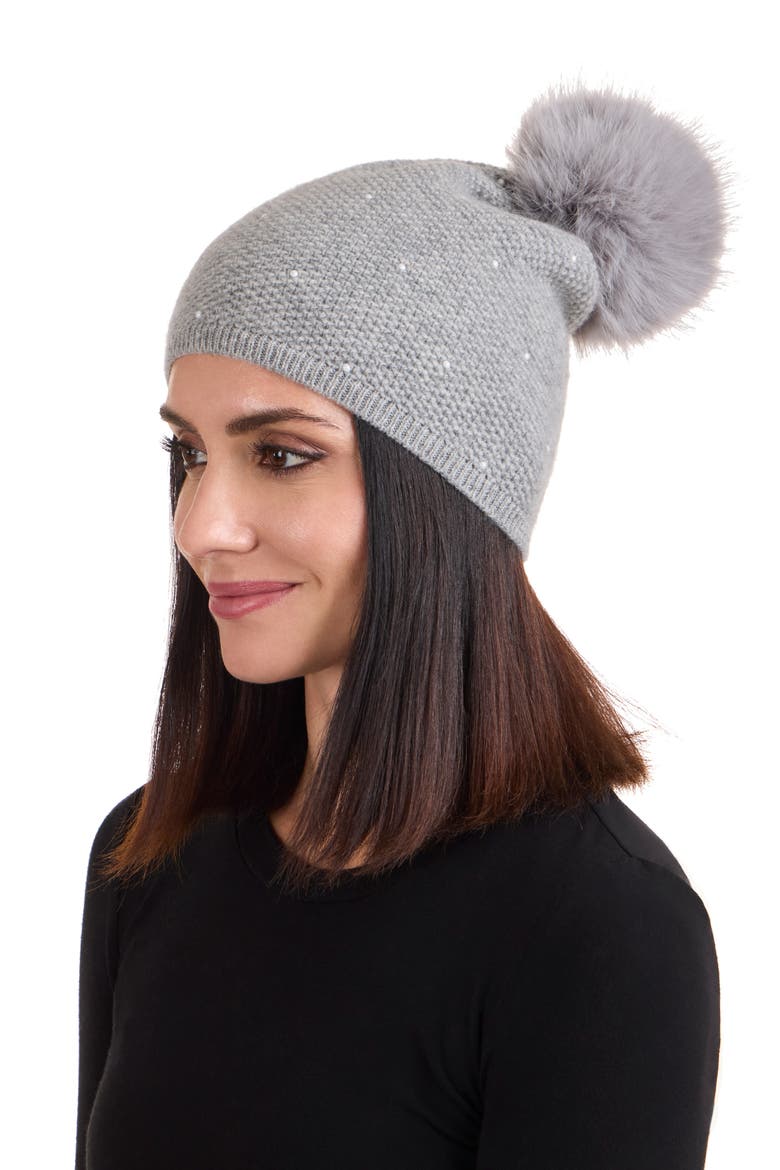 Embellished Textured Cashmere Beanie with Faux Fur Pompom, Alternate, color, GREY