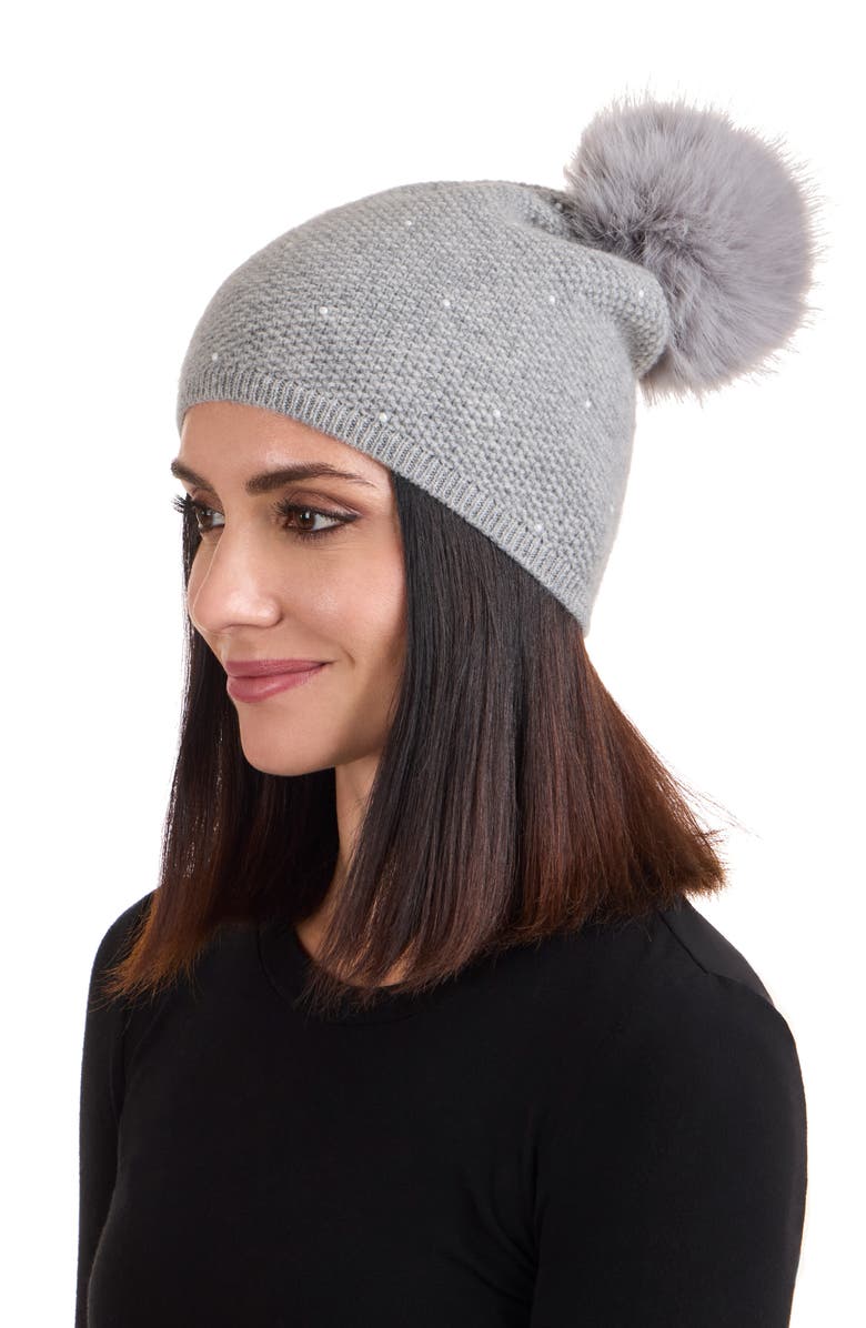 Sofia Cashmere Embellished Textured Cashmere Beanie with Faux Fur Pompom, Alternate, color, Grey