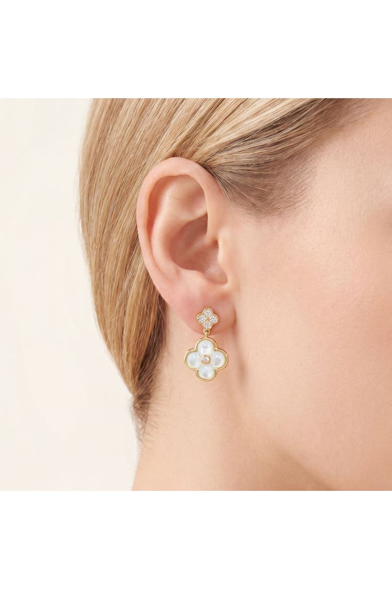 Mother of Pearl CZ Clover Drop Earrings, Alternate, color, Gold Plated Sterling Silver