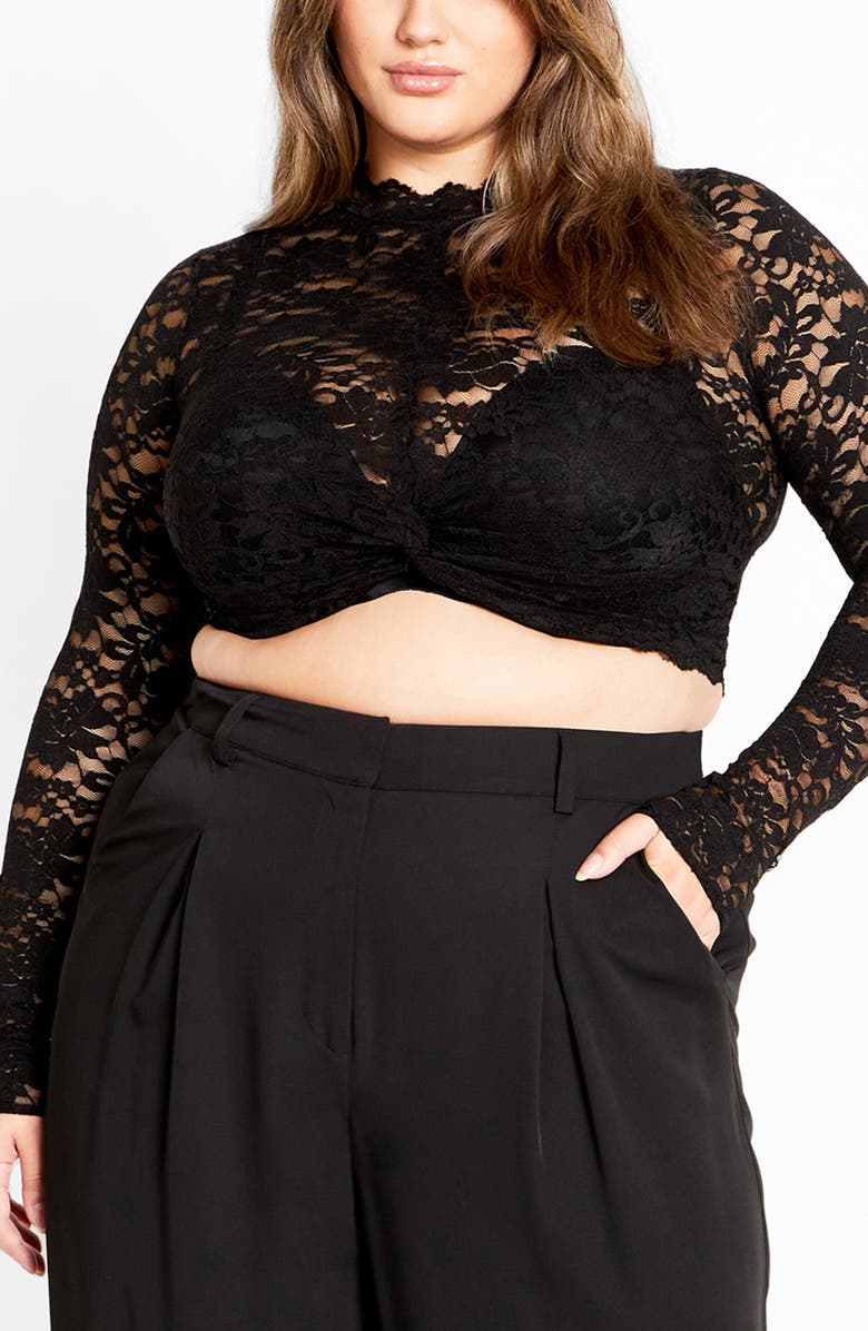 City Chic Arlette Sheer Lace Crop Top, Main, color, Black