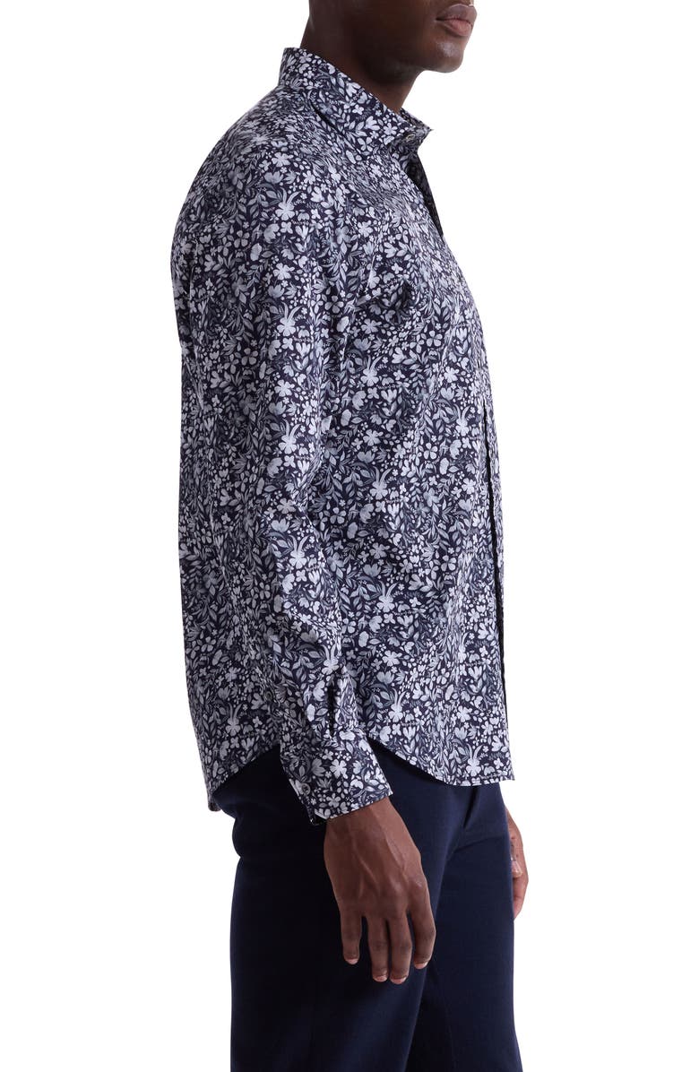 Bugatchi Axel Shaped Fit Floral Stretch Button-Up Shirt, Alternate, color, Black