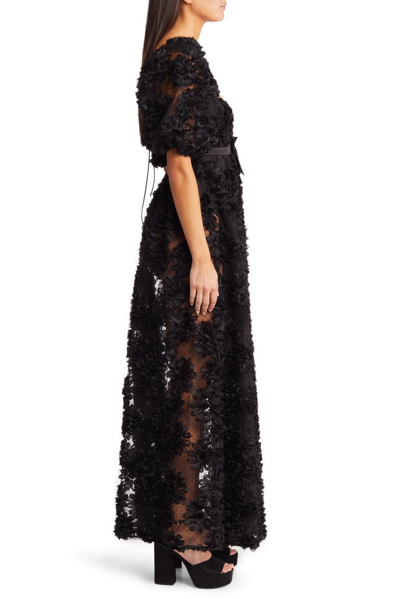 Astrid Embroidered Back Cutout Flock Dot Gown, Alternate, color, BLACK