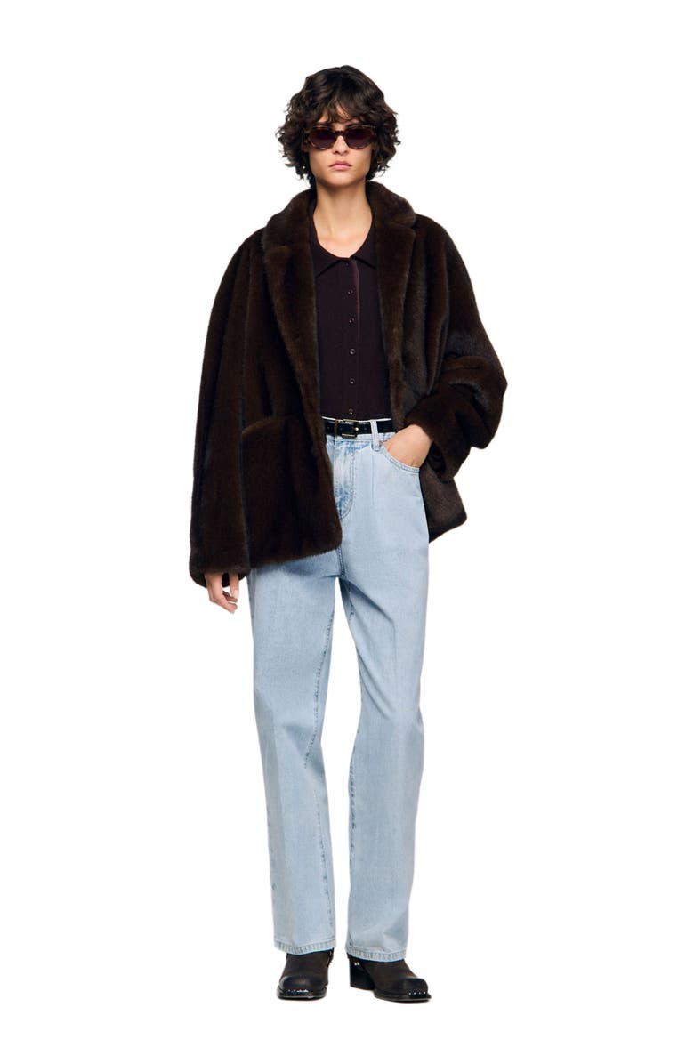 SANDRO Jacket-style faux fur coat, Alternate, color, Black Brown