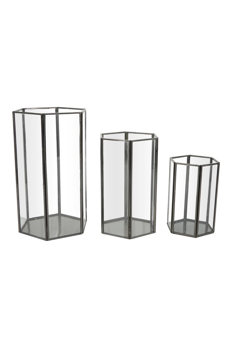Set of 3 Modern Metal Lantern Candle Holders, Alternate, color, CLEAR