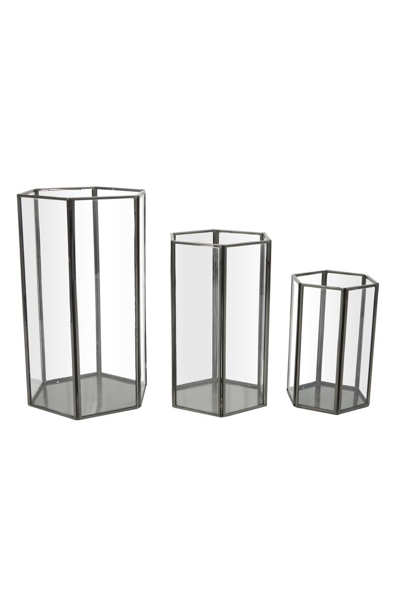 UMA Set of 3 Modern Metal Lantern Candle Holders, Alternate, color, Clear