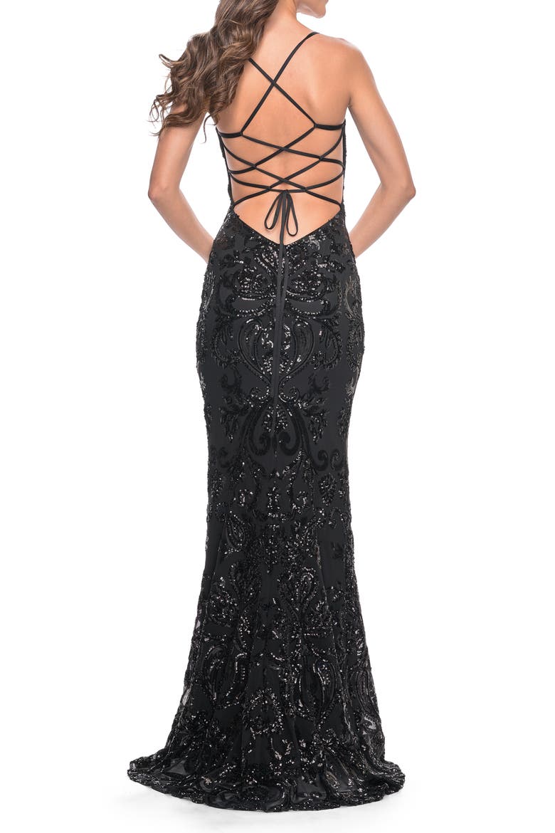 Print Sequin Gown with Square Neckline, Alternate, color, Black