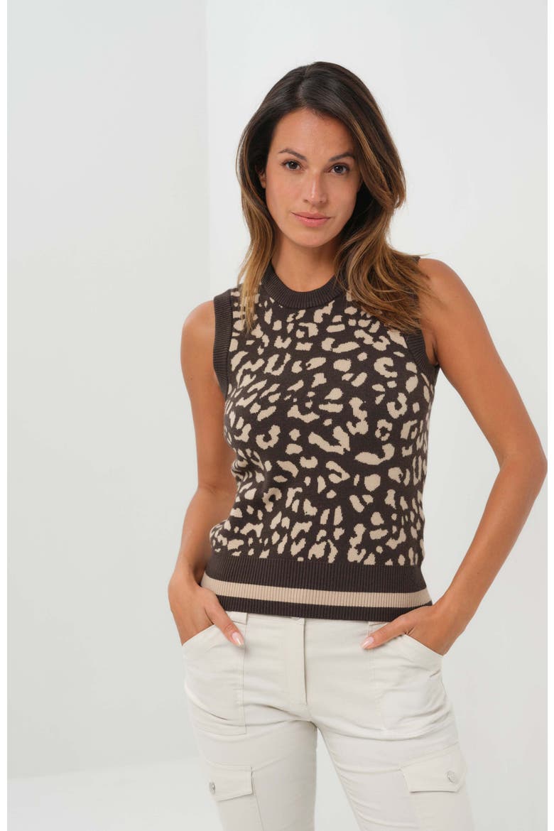 Clara Jacquard Sweater Vest with Striped Hem, Main, color, Urban Jungle/Latte & Espresso