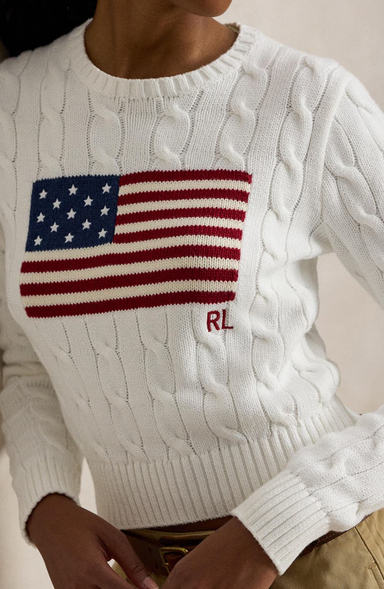 Polo Ralph Lauren Flag Intarsia Cable Stitch Crewneck Sweater, Alternate, color, Ceramic White