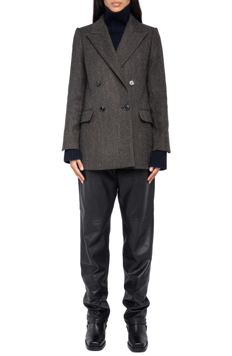 Zadig & Voltaire Miew Chevron Double Breasted Wool Blend Blazer, Alternate, color, Dark Chocolate