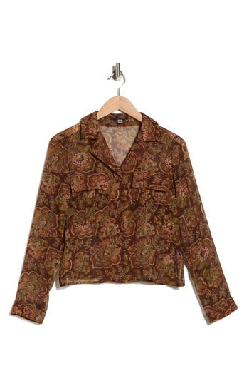 T Tahari Print Long Sleeve Crop Blouse In Brown