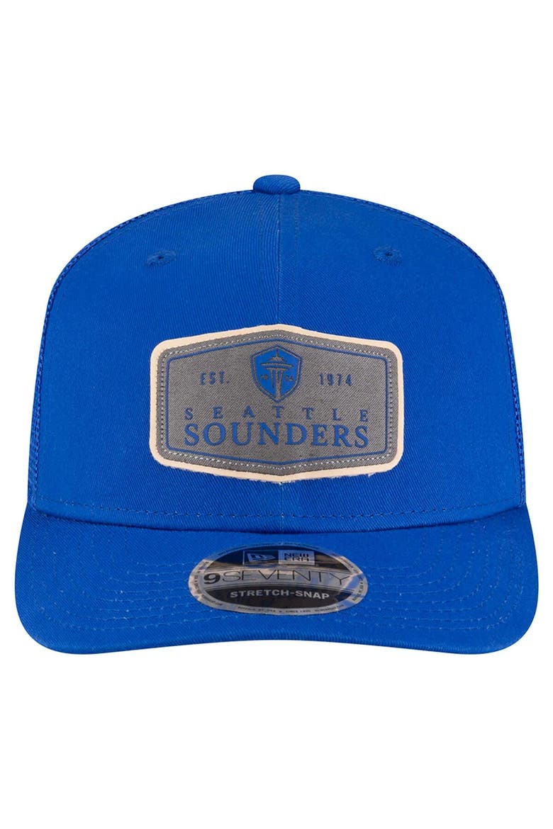 Men's New Era  Blue Seattle Sounders FC Labeled 9SEVENTY Trucker Stretch-Snap Adjustable Hat, Alternate, color, Blue