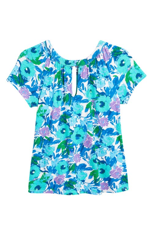 Loveappella Floral Print Keyhole Top In Blue