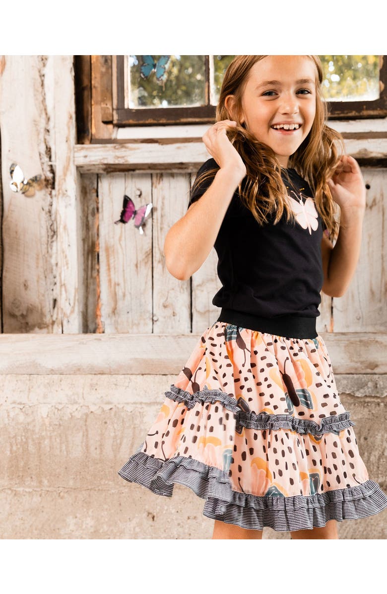 Deux par Deux Girl's Printed Ruffle Skirt Black And Pink Butterflies, Alternate, color, 