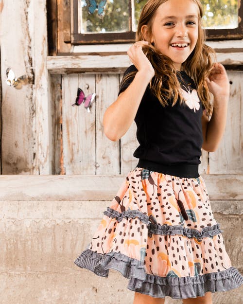 Deux Par Deux Little Girl's Printed Ruffle Skirt Black And Pink Butterflies In Black And Pink Butterflies