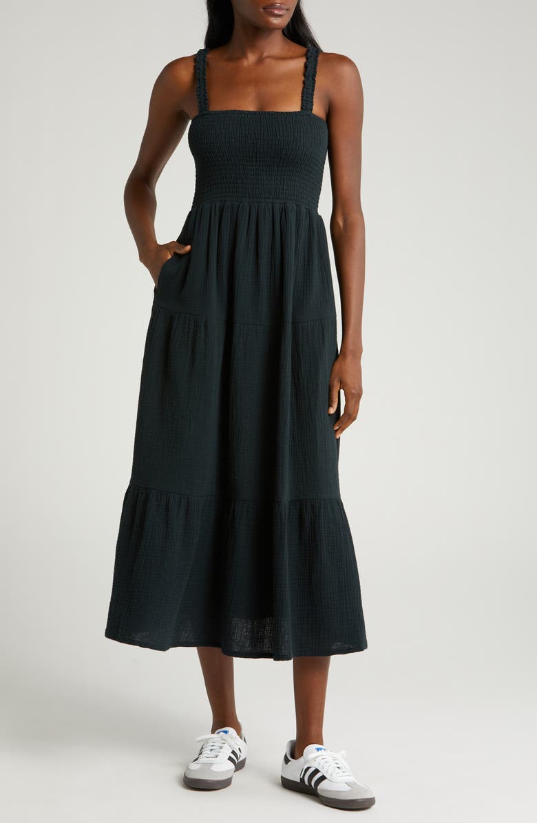 Marine Layer Selene Smocked Cotton Maxi Sundress, Main, color, Black