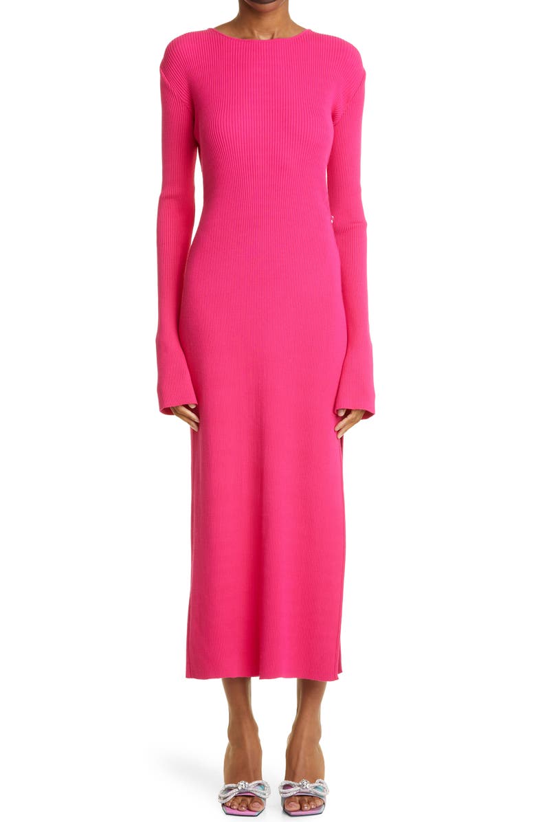 Mach & Mach Crystal Bow Ribbed Cutout Long Sleeve Sweater Dress, Main, color, 