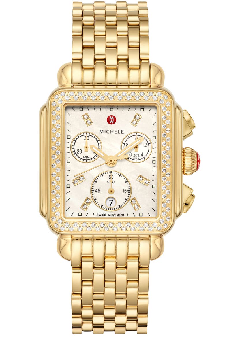 Deco Diamond Chronograph Bracelet Watch, 33mm, Main, color, GOLD