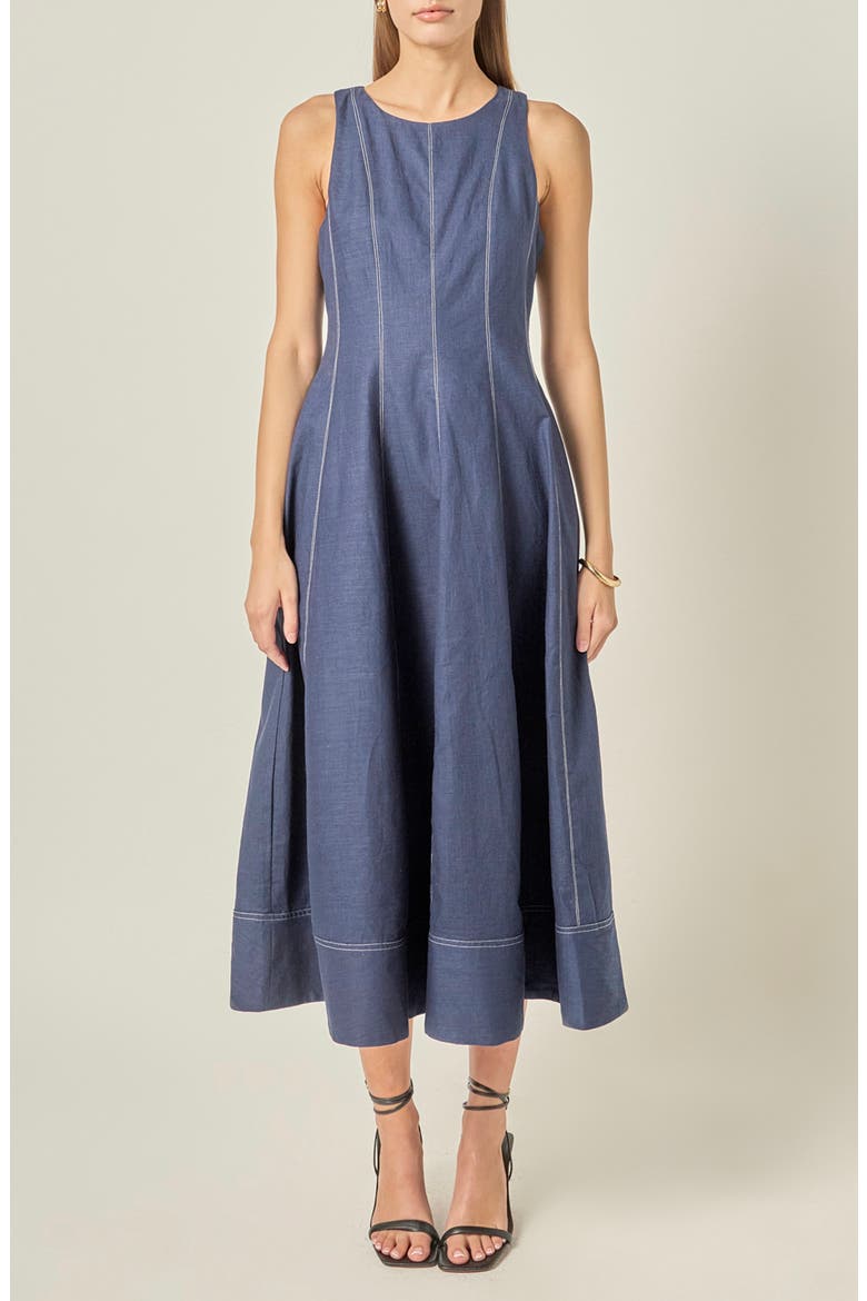 Stitch Detail Linen Midi Dress, Main, color, NAVY