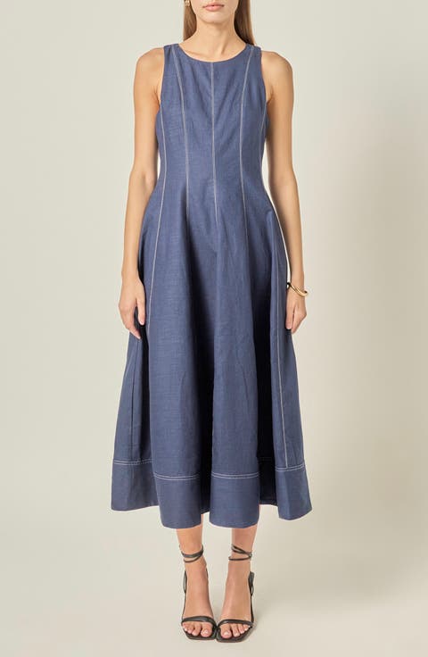 Stitch Detail Linen Midi Dress