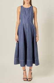 English Factory Stitch Detail Linen Midi Dress