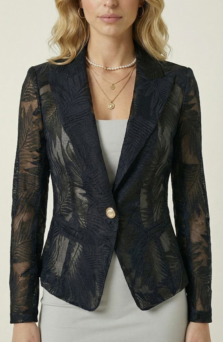 Modenaire Sheer Lace Sleeved Tailored Blazer, Alternate, color, Navy Blue
