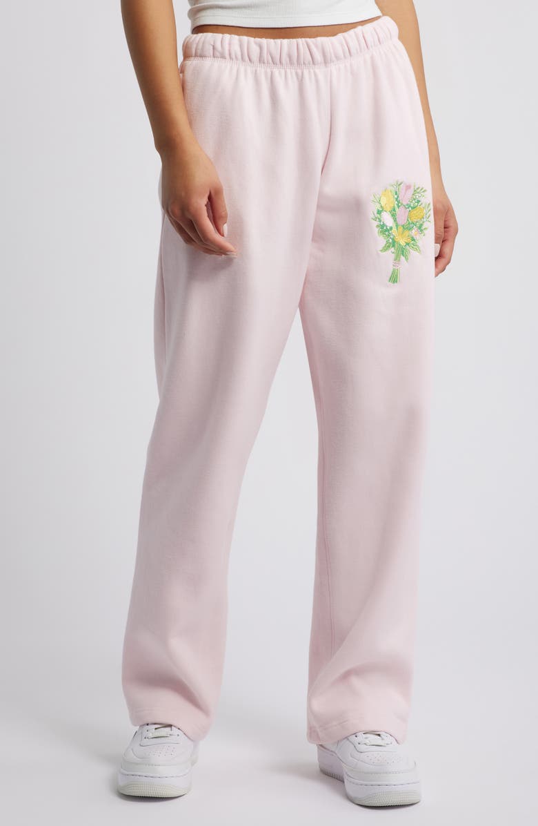 HAPPY CAMP3R Sit with Us Embroidered Graphic Sweatpants, Main, color, Blush Pink