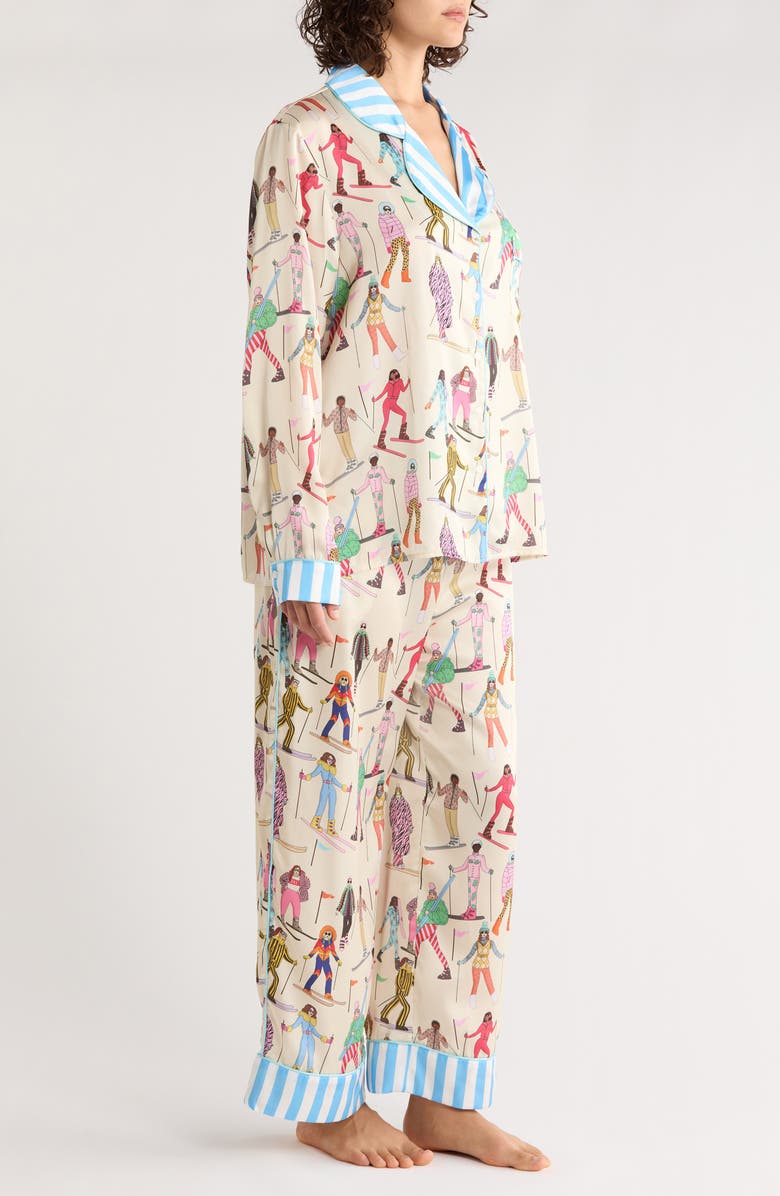 Karen Mabon Skiing Print Long Pajamas, Alternate, color, Cream