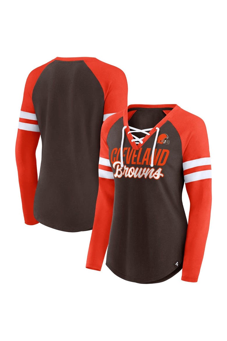 Women's Fanatics Branded Brown/Orange Cleveland Browns True to Form Raglan Lace-Up V-Neck Long Sleeve T-Shirt, Alternate, color, Brown