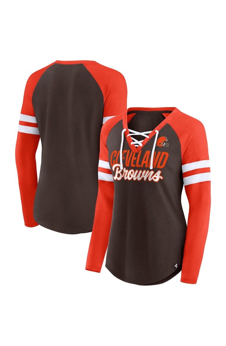 FANATICS Women's Fanatics Branded Brown/Orange Cleveland Browns True to Form Raglan Lace-Up V-Neck Long Sleeve T-Shirt, Alternate, color,