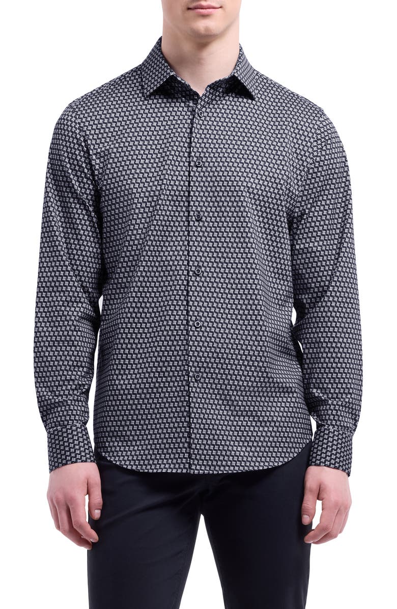 Bugatchi James OoohCotton<sup>®</sup> Geo Button-Up Shirt, Main, color, Black