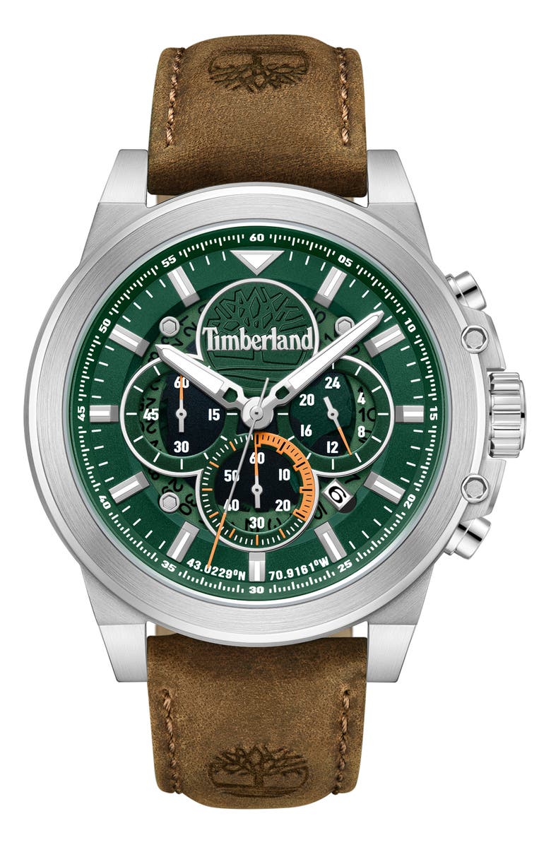 Timberland Fast Strike Multifunction Chronograph Leather Strap Watch, 46mm, Main, color, 