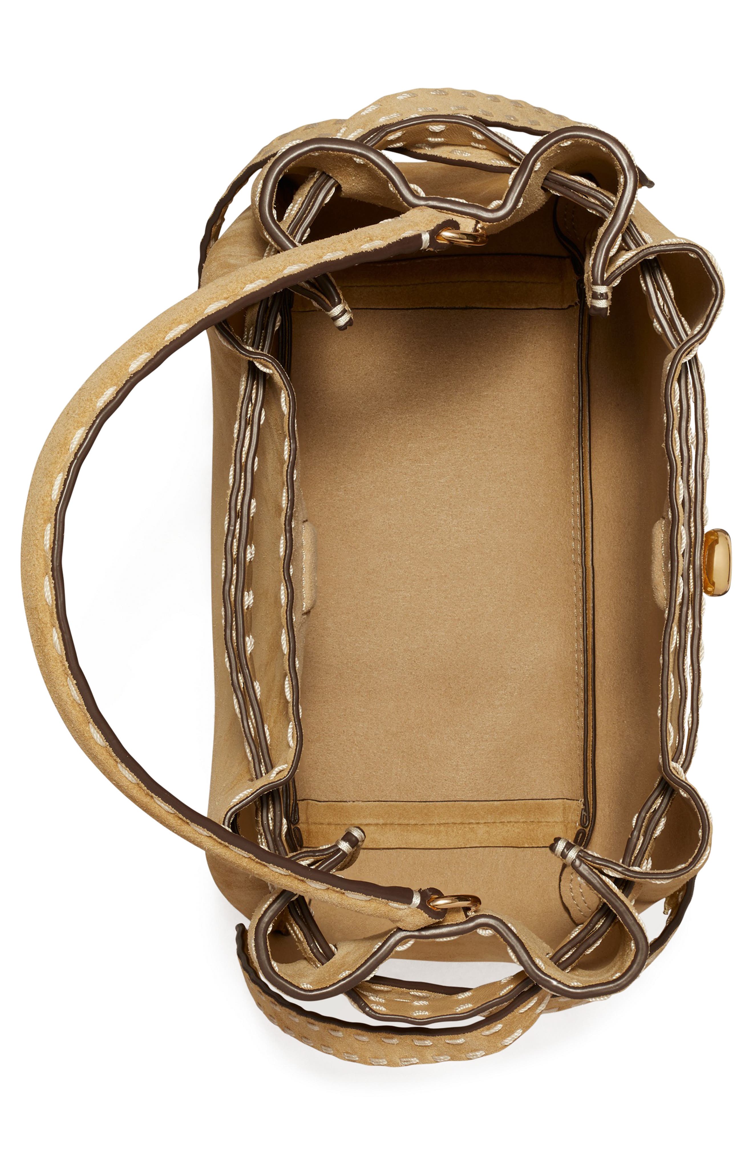 Tory Burch Romy Suede Bucket Bag, Alternate, color, Butter
