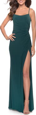 La Femme Elegant Jersey Dress with Ruching and Square Neckline