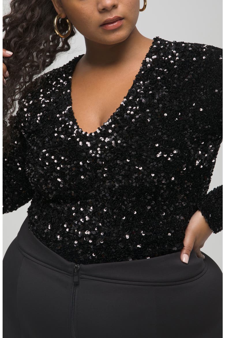 Stretch Sequins Bodysuit, Alternate, color, BLACK001