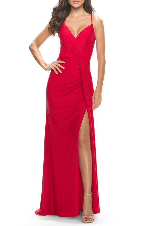 La Femme Soft Jersey Dress With Knot Waist And Lace Up Back