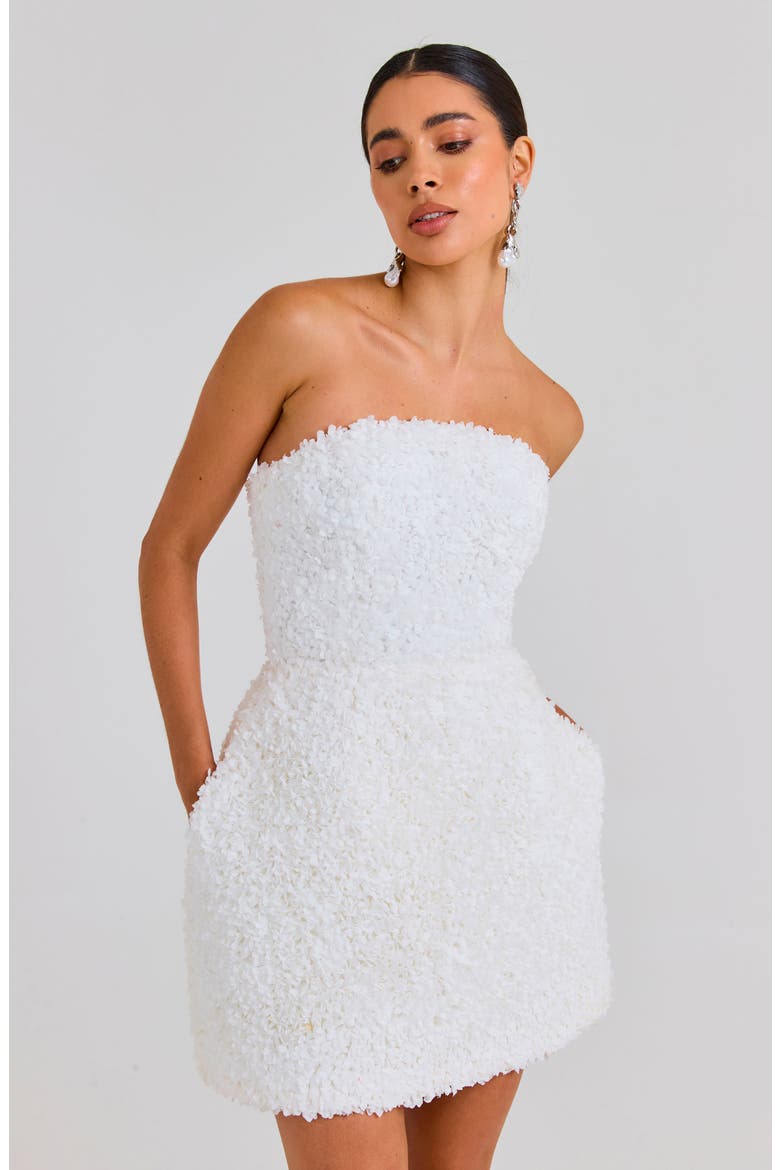 Maisy Floral Appliqué Strapless Minidress, Alternate, color, WHITE