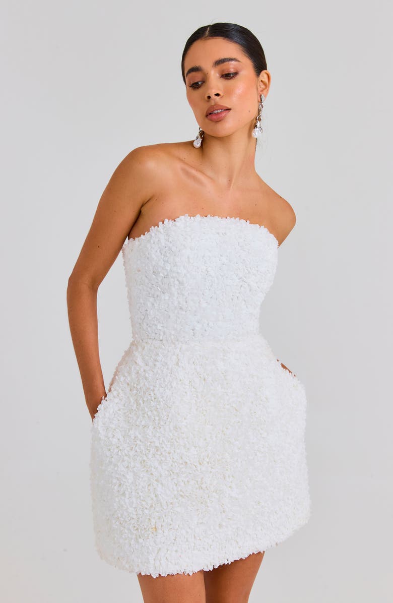 NADINE MERABI Maisy Floral Appliqué Strapless Minidress, Alternate, color, White