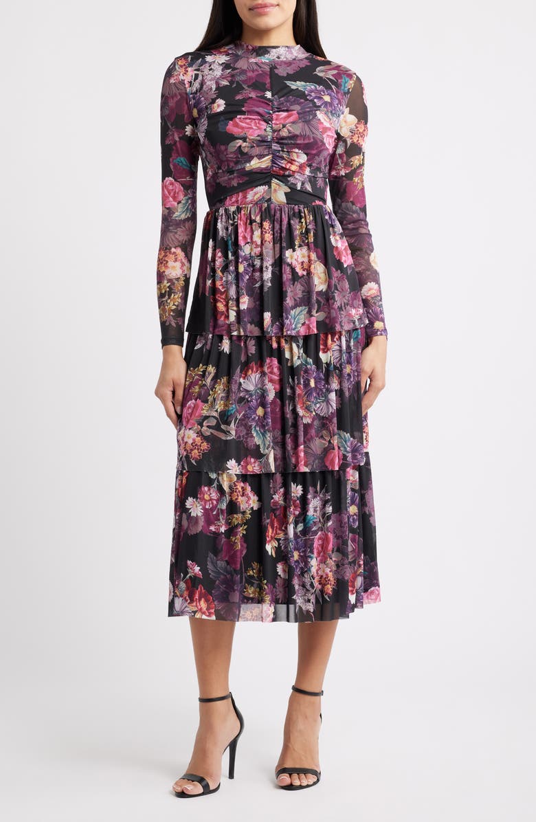 Anne Klein Floral Print Long Sleeve Dress, Main, color, Anne Black Multi