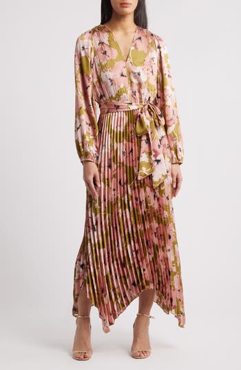 MELLODAY Floral Long Sleeve Pleated Asymmetric Dress | Nordstrom