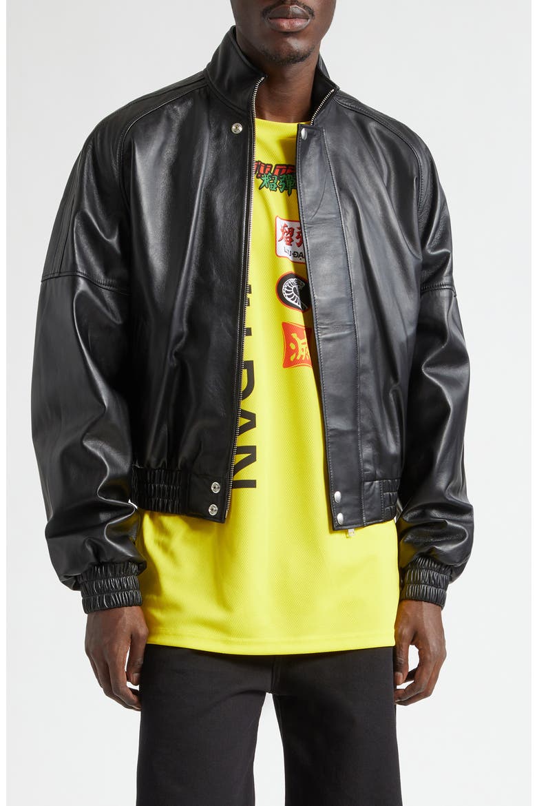 Blouson Leather Jacket, Main, color, BLACK