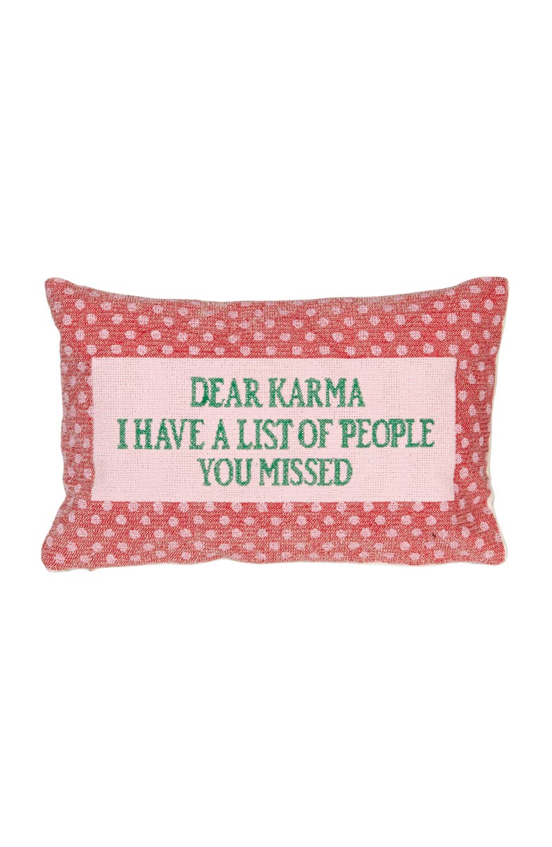 Storied Home Cotton Velvet Embroidered Lumbar Pillow "Dear Karma...", Main, color, Pink