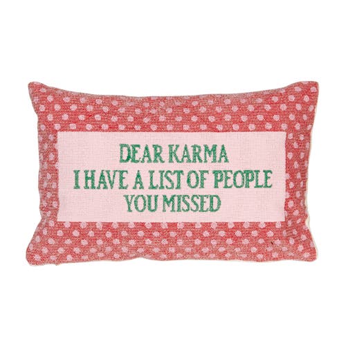 Storied Home Cotton Velvet Embroidered Lumbar Pillow "dear Karma..." In Pink