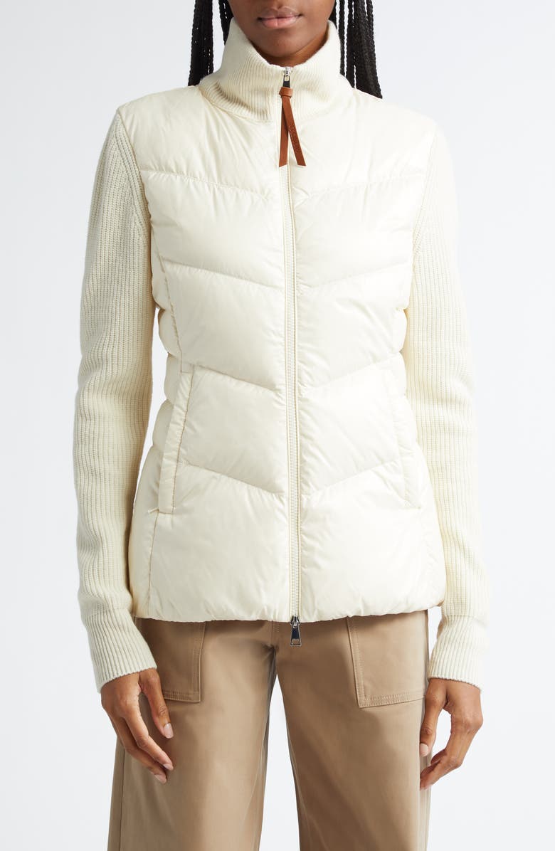 Moncler Quilted Down & Knit Cardigan, Main, color, White